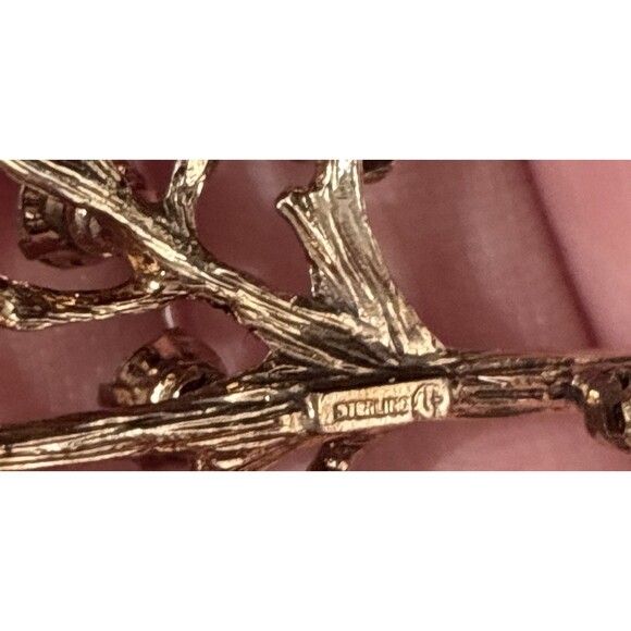 Vintage Sterling Silver Tree of Life Brooch Rhinestone Gold Tone Signed - Picture 7 of 7